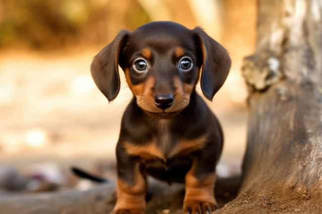 Adorable Dachshund puppy standing next to a tree in an outdoor setting. The puppy has brown fur and large, expressive eyes. This image is perfect for use in pet product advertisements, animal-related blogs, and social media posts highlighting the joy and cuteness of puppies.