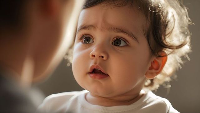 Gazing baby looking toward caregiver with warm rim light and soft bokeh closeup