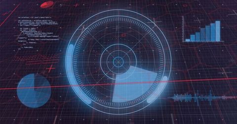 Futuristic hud radar interface with holographic data visualization and cyberpunk grid