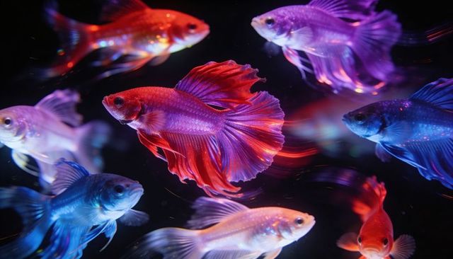 Gliding betta fish displaying flowing fins and iridescent led colors in aquarium