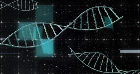 Futuristic DNA Double Helix in Technological Data Landscape