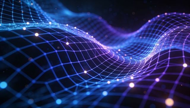 Glowing wireframe network flow with neon nodes and dynamic digital mesh background