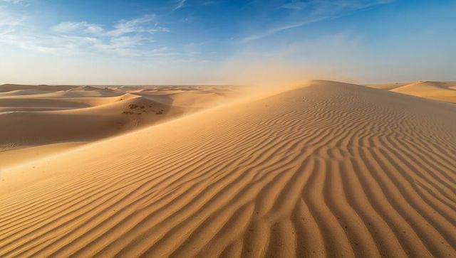 Endless golden desert dunes with rippled sand ridges and wind-driven drift under blue sky