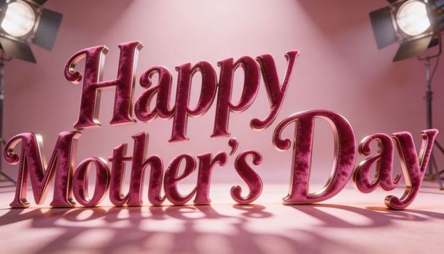 Celebrating mother's day with velvet 3d gold-edged typography on pink studio floor