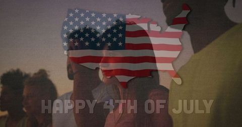 Diverse Group Celebrating July 4th with Patriotic Map Overlay