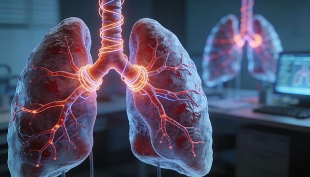 Glowing human lungs with illuminated bronchi and spiral trachea in research lab neon glow