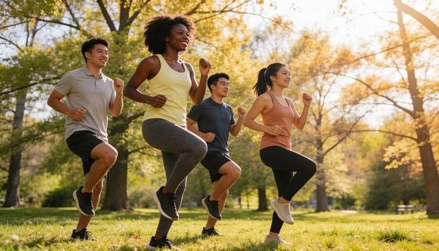 Diverse group performing high-knee cardio workout in sunlit park for outdoor fitness training