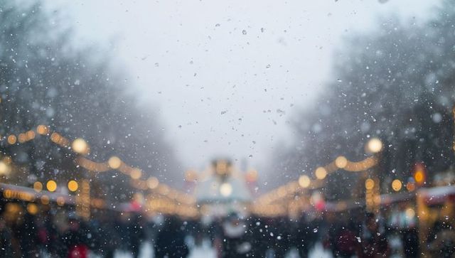Snowy holiday market with blurred crowd and warm string lights bokeh during snowfall