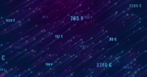 Neon data streams with floating currency symbols and numbers
