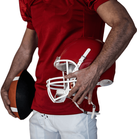 Transparent rugby player holding ball and red helmet on white background