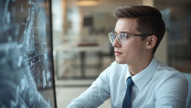 Young data analyst analyzing financial charts on large screen in modern office