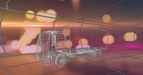 Wireframe flatbed truck floating in futuristic tunnel with bokeh lights