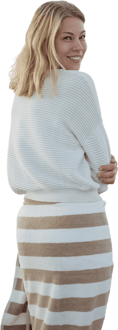 Transparent background of cheerful woman in casual striped attire confident and relaxed