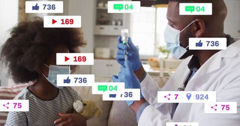 Doctor Giving Vaccine to Child at Home with Social Media Reactions