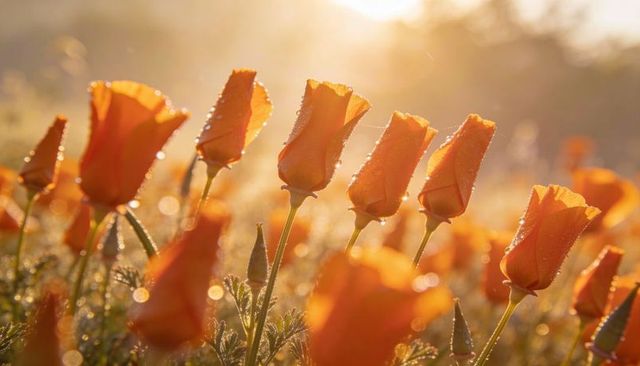 Sunlit orange poppy blossoms basking in golden hour dew, closeup backlit bokeh