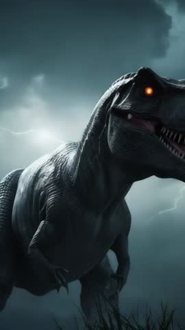 Tyrannosaurus Rex Striding Through Stormy Plain With Flickering Lightning - Vertical Video