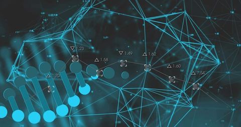 Animating neon network mesh with glowing nodes, numeric labels and helix data bars