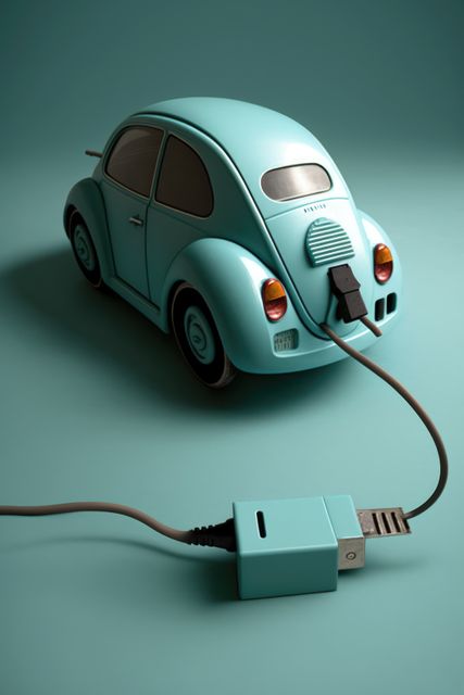 Image depicts a vintage-style toy car connected to an electric plug, set against a turquoise background. Suitable for themes of sustainability, clean energy, and technology innovation. Ideal for presentations, advertisements, and social media posts promoting green energy and electric vehicle advancements.