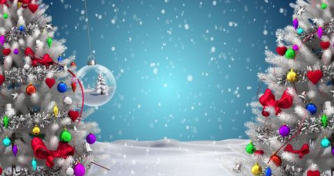 Christmas Trees with Festive Ornaments in Snowy Setting