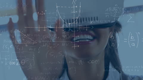 Woman Using VR Headset With Digital Math Equations Overlay