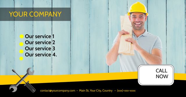 Perfect for promoting construction or building services. Displays contact details, company name, and list of services. Image of a smiling worker holding lumber conveys reliability and skill. Ideal for online advertisements, business websites, and print materials promoting construction companies.