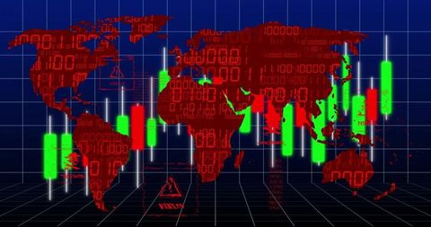 Global Finance Concept with Red World Map and Candlesticks