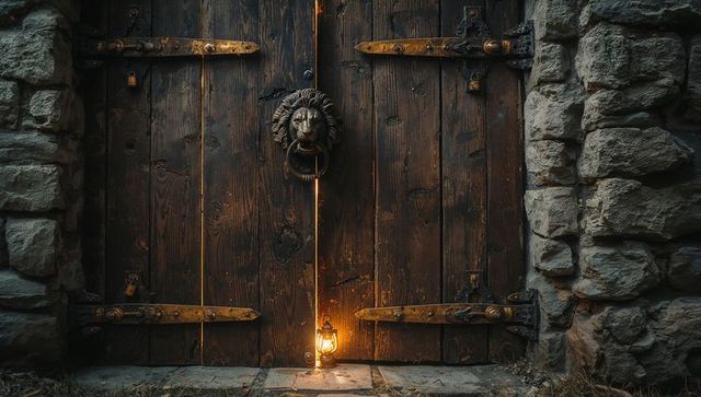 Weathered wooden double door with lion head knocker lantern glow stonework iron hinges