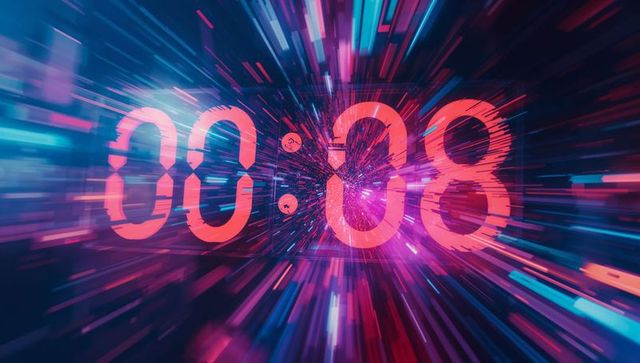 Futuristic glitch effect timer at eight seconds in cyberspace