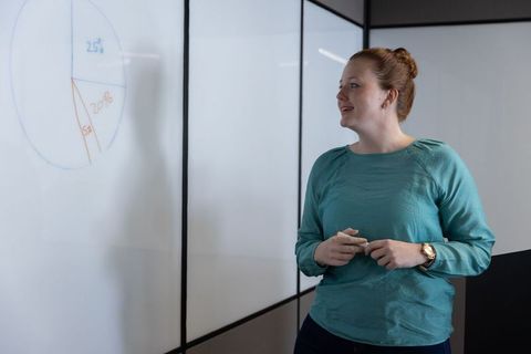 Professional woman presenting data on glass whiteboard in office