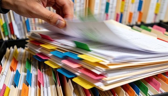 Hand flipping through color-tabbed files in records drawer for office document management