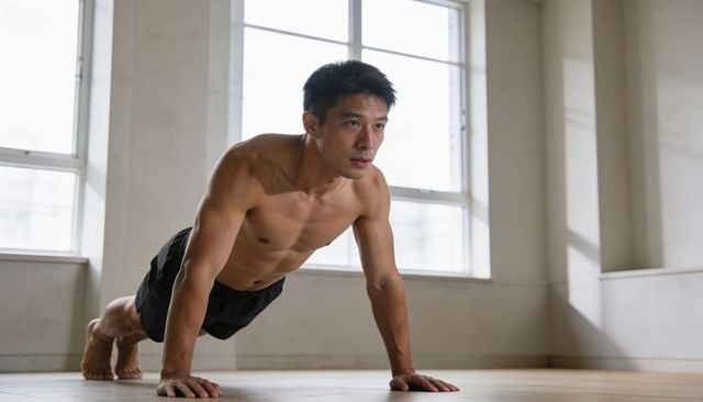 Shirtless asian man performing push-up holding plank in sunlit minimalist studio