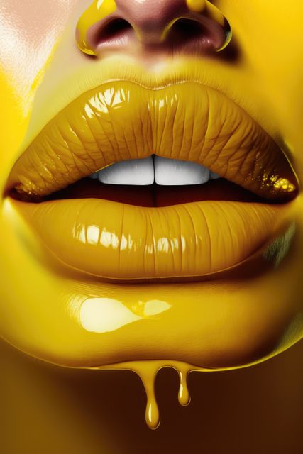 An aesthetically captivating close-up of glossy yellow lips with dripping liquid. Ideal for beauty and fashion magazines, cosmetics advertisements, artistic projects, and social media content focusing on modern makeup trends. This vibrant and bold image conveys a sense of sensuality and contemporary style, perfect for high-impact visual statements.