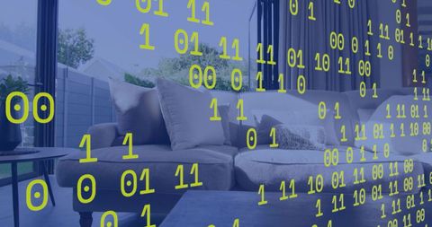 Binary data overlay on light gray sectional sofa representing smart home connectivity