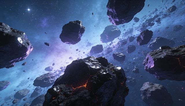 Drifting Molten Asteroid Field with Glossy Jagged Rocks and Nebula Blue Glow