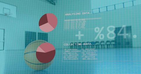 Basketball analytics HUD with floating pie charts court overlay and performance metrics