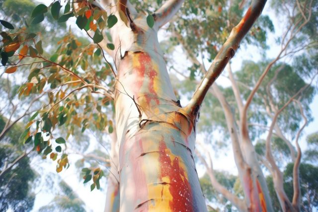 Close-up photograph of a rainbow eucalyptus tree with vibrant, multi-colored bark in a forest. This image captures the stunning natural beauty and unique patterns on the tree's trunk, showing the rich colors and textures. This photo can be used in nature-themed projects, educational materials, environmental campaigns, or to highlight the beauty of unique trees. Great for adding a pop of color and visual interest to nature-related designs.