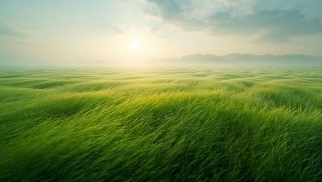 Swaying tall green grass forming wave patterns at dawn over misty ridge
