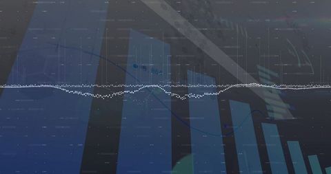 Futuristic Financial Visualization with Blue Bar Chart and White Waveform
