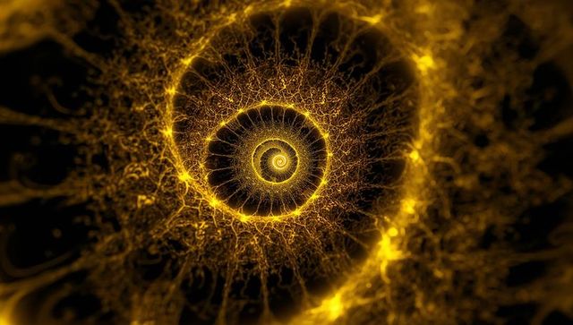 Golden spiral fractal network glowing neural filaments spiraling into vortex