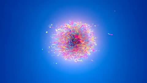 Camera pulling back revealing colorful confetti cluster coalescing into glowing orb halo