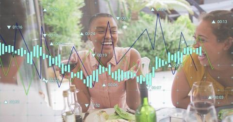 Laughing friends dining outdoors with financial charts overlay for social finance concept
