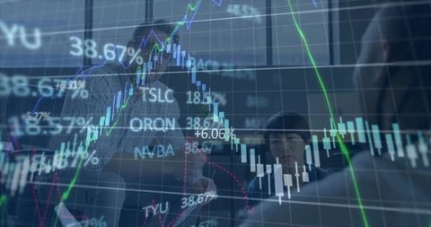Business Team Analyzing Stock Market Trends with Candlestick Charts Overlaying Strategy Meeting
