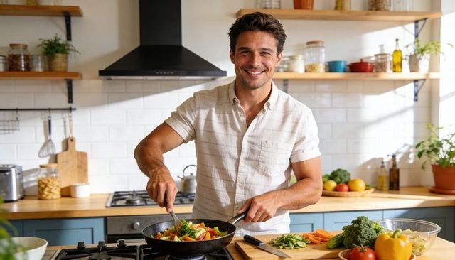 Smiling man stirring colorful vegetables while cooking in bright farmhouse kitchen