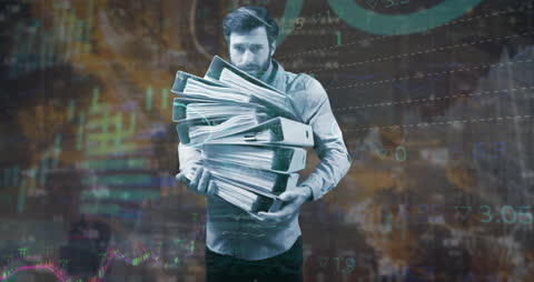 Man Holding Stack of Files with Digital Financial Ford