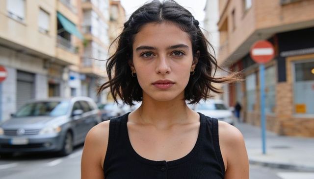 Facing camera young woman standing on city street with windblown hair and black tank