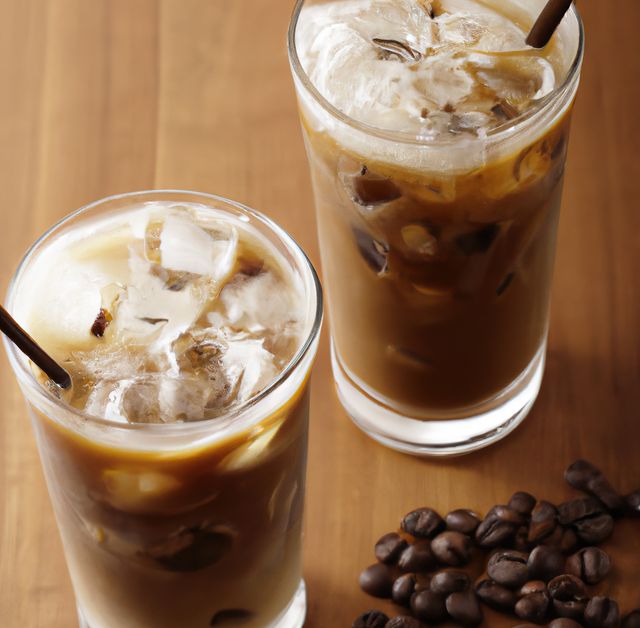 Two glasses of iced coffee sit on a wooden table with scattered coffee beans. Ideal for use in lifestyle blogs, beverage promotions, summer drink advertisements, and social media posts focused on coffee or refreshments.
