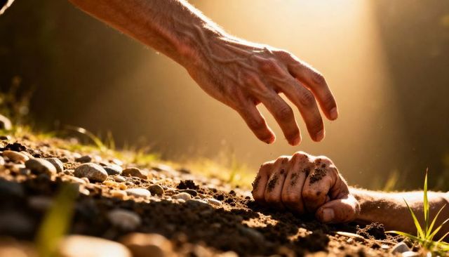 Male hands reaching and gripping muddy riverbank during golden hour rescue struggle