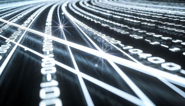 Arcing luminous binary data streams on curved tracks for futuristic tech and ai networks