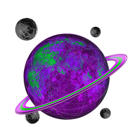 Futuristic planet with rings and moons on transparent background