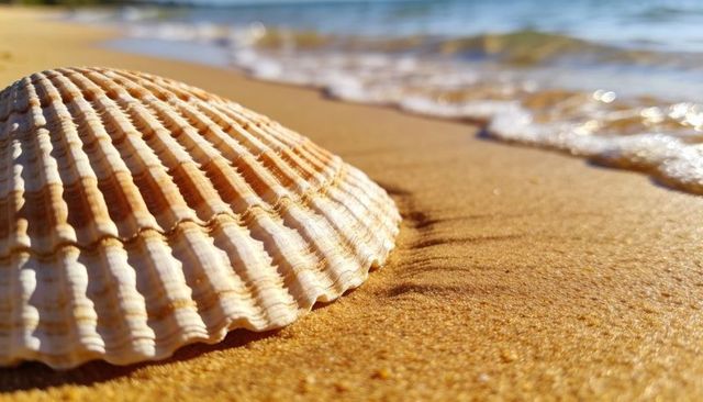 Sunlit ridged seashell on golden sand with gentle wave lapping shoreline macro texture